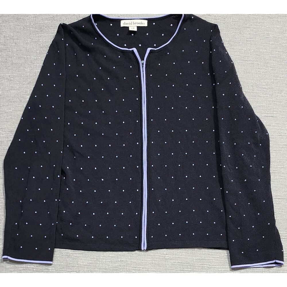 David Brooks Black Polka Dot Zip Front Cardigan Sweater Size Large‎